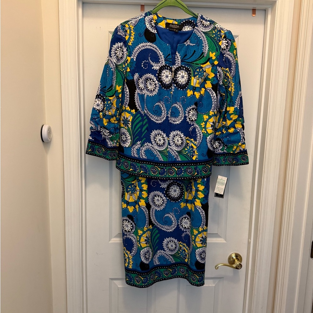 Peck & Peck Vibrant Blue and Yellow Sleeveless Dress With Jacket.